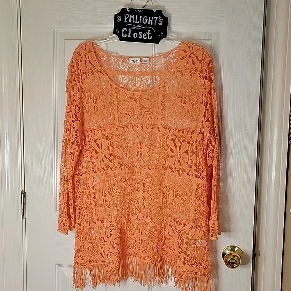 Cato XL Lace Overlay Tunic with Fringe Orange Coral